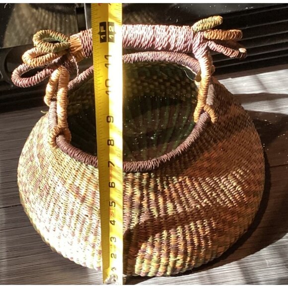 Basket Handwoven African Bolga With Handle Multicolor Woven Straw - Picture 3 of 6